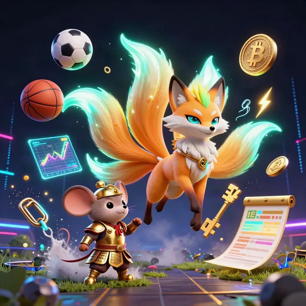 Neon fox spirit and gold-armoured mouse amid sports balls, coins, and electric casino light.
