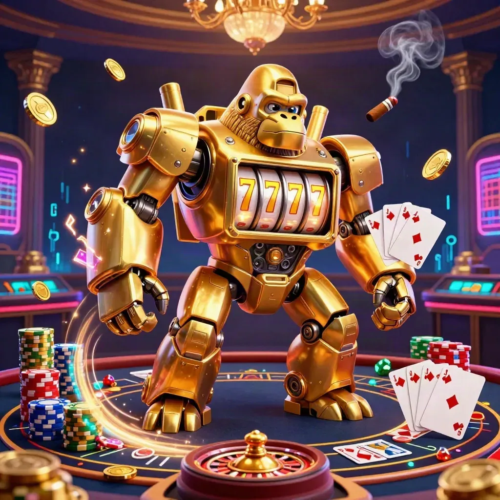 Golden gorilla mech with monkey pilot amid casino light, coins, gems, roulette wheel, and glowing chips