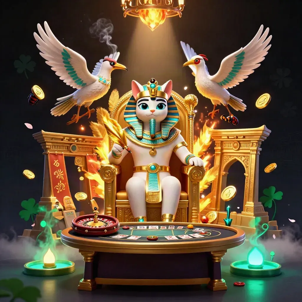 Pharaoh cat, ibis scribe and gem-winged scarabs in a luxe casino room with gold and teal glow