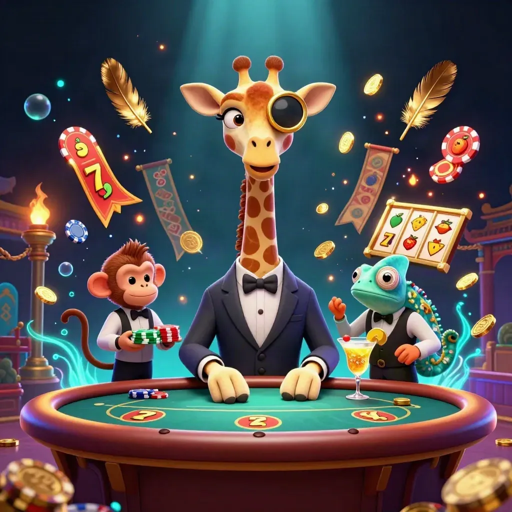 Giraffe, monkey and chameleon in a neon casino fantasy with coins, temple gate and glowing teal effects.