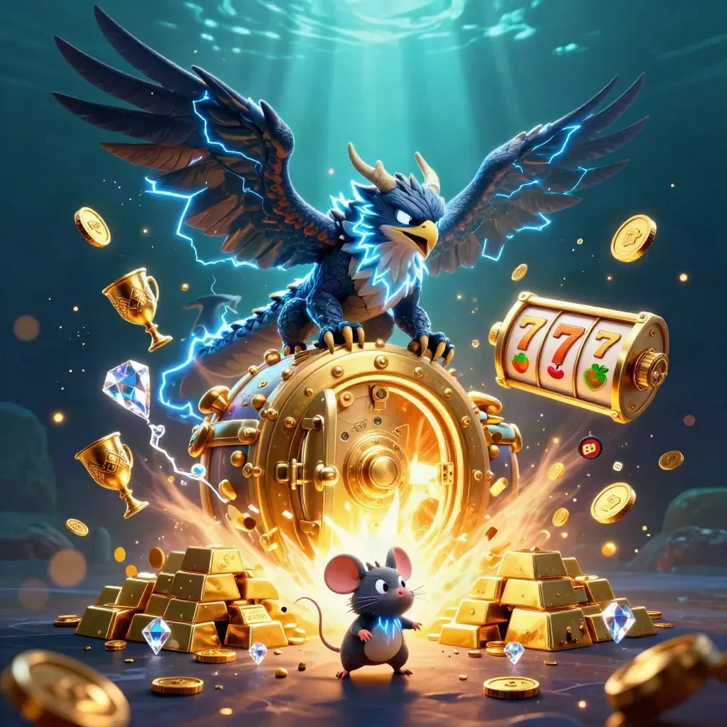 Thunder dragon, hawk and mouse burst from a glowing gold vault with casino riches