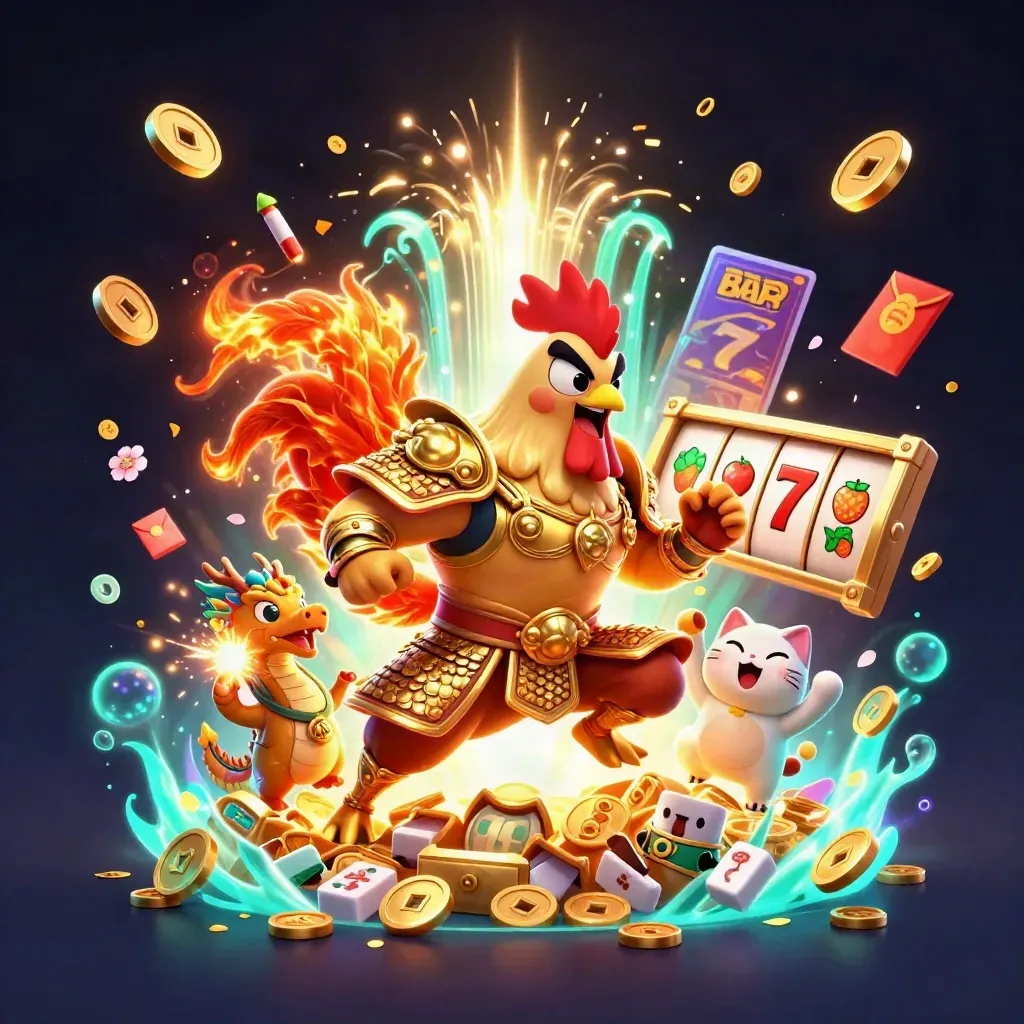 Rooster samurai, spark-dragon hatchling, and fortune-cat amid coins, fireworks, and slot symbols.