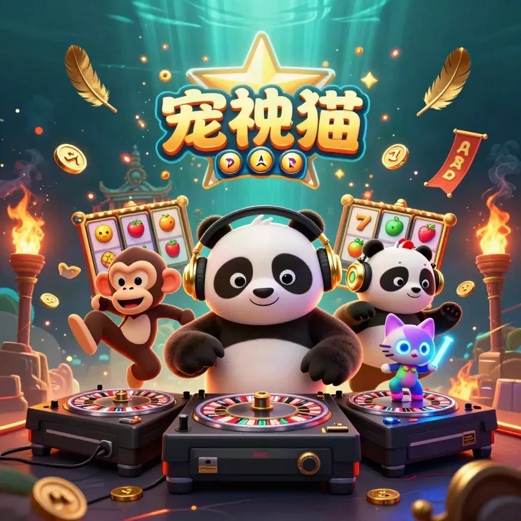 DJ panda, breakdancing monkey and rave kitten amid slot reels, coins, temple gate and glowing effects.